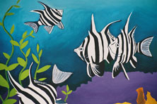 a painting of a group of old wife fish swimming together with thier black and white stripes