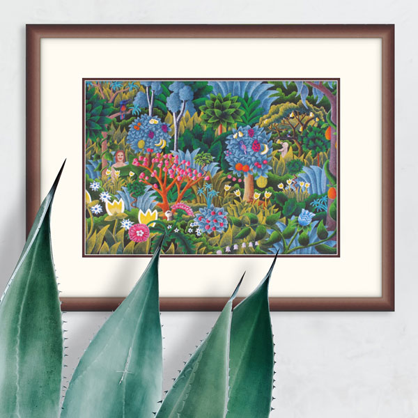 the jungle print in a dark wooden frame on a white wall