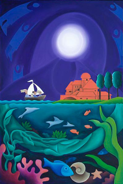 three people in a boat sailing over the ocean to a red city. In the purple sky spirits fly, and the moon is the head of a giant woman with her arms protectively encircling the ocean and boat 