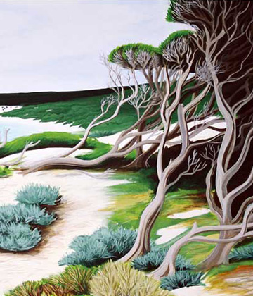 a closeup of the drawing 'melaleucas 3' showing the windblown trees at Yallingup