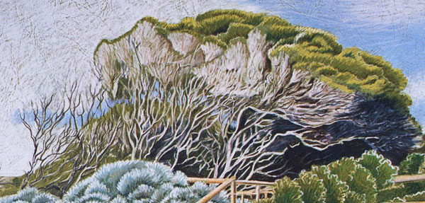 a closeup of the painting showing the melalueca trees at Yallingup