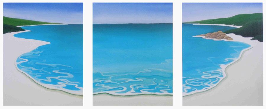 a limited edition print called beach depicting th view of a styalised bay cut into three distinct parts - left, middle and right