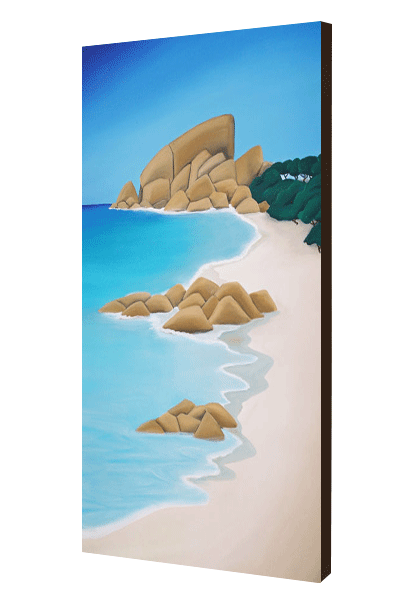 the side view of an original painting of castle rock beach featuring a giant rock headland