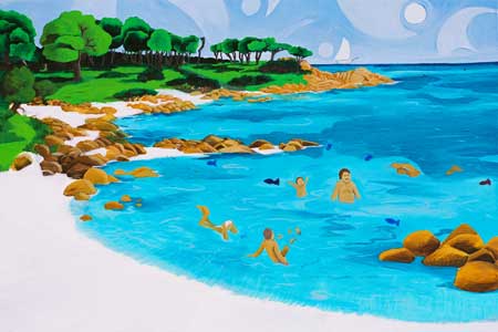 A styalised acrylic painting by Mandy of the Old Dunsborough Swimming Beach with people flying in the sky