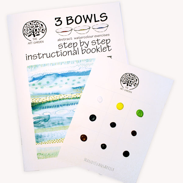 A picture of Mandys step by step instructional workbook in blue and green watercolour stripes patterned with mark making