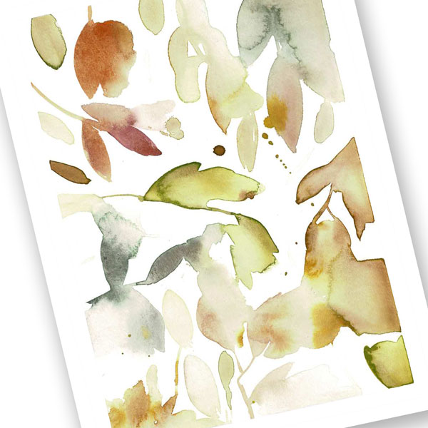 loose botanical watercolour shapes in oranges and greens