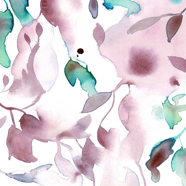 abstract botanical watercolour leaves in magenta and sea green