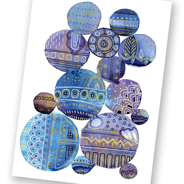 blue and purple circles covered in modern abstract patterning