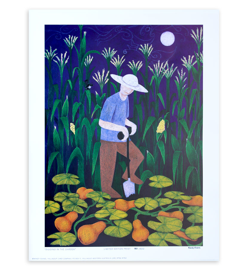The limited edition print -Digging in the Garden - is a man in the moonlight , highlighting deep colours <br /><br />
Depending on the decore it would suit an eathy wooden home - and with the right framing - picking up the white hightlights with a light frame - would also look great in a white modern theme