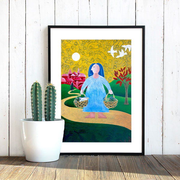 this is going shopping styled in a santa fe mexican austere minimalist look. The framed print sits next to a cactus, against a weathered white washed wall