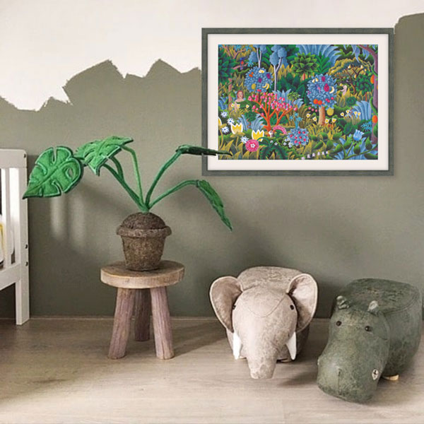 the jungle picture print placed in a jungle themed childs bedroom