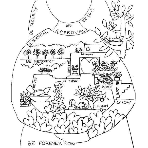 a black and white drawing by mandy of a woman holding a garden full of plants and love  and words