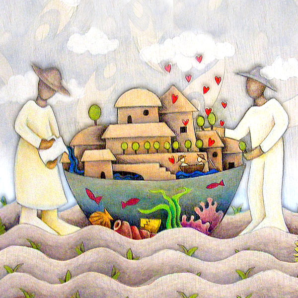 a couple nurturing the little village in a boat