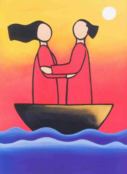 A depiction of a relationship -two people standing in a boat