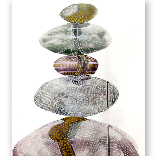 a nuetral coloured painting of balancing rocks patterned with simple shapes and patterns