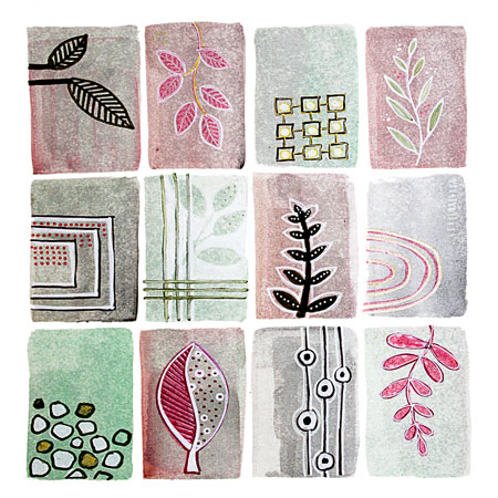 an example of the abstract watercolour patterns using botanical motifs on square watercolor wash shapes