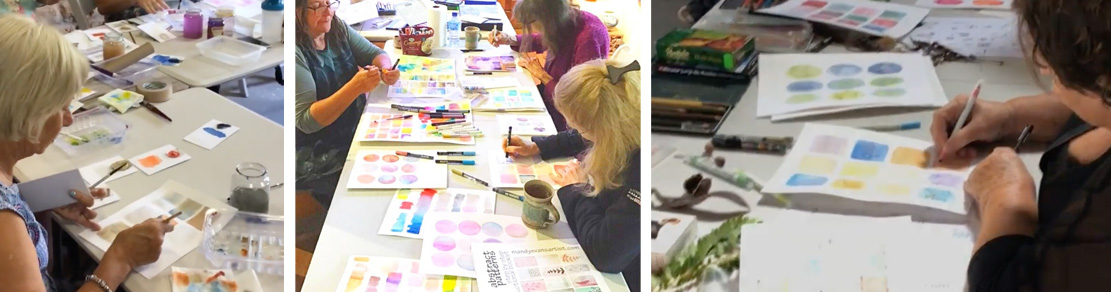 images of women at one of Mandys art workshops painting with watercolours