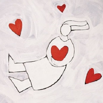 a stylized image of an angel holding a large red loveheart