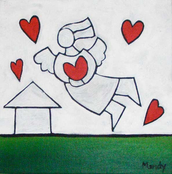 an original love heart painting by Mandy Evans featuring an angel flying in the sky pouring out lovehearts on a small home
