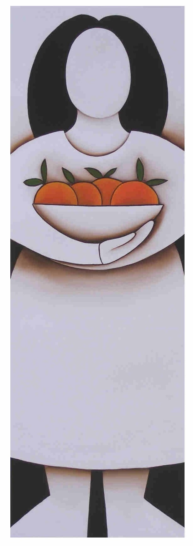 a limited edition poster of a simplified woman holding a bowl of oranges