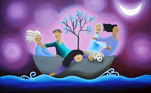 An acrylic painting of Mandy, her friends and her dog in a boat
