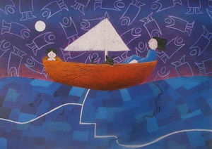 Coloured pencil drawing of Mandys family in a boat. This image is also available as a limited edition print