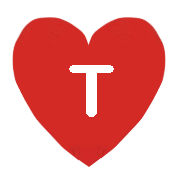 an icon of a red heart with the letter t for twitter
