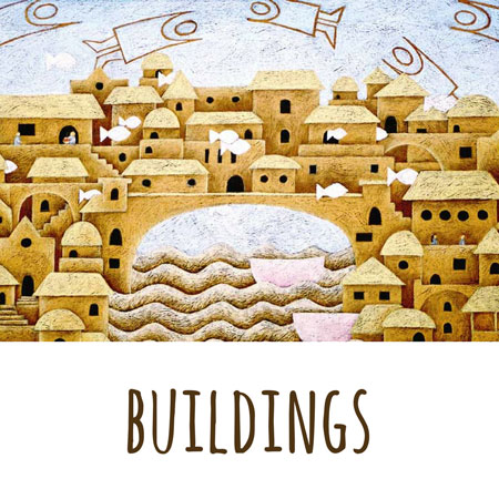beautiful storytale buildings drawn in colored pencils on a leathercraft paper by Mandy Evans