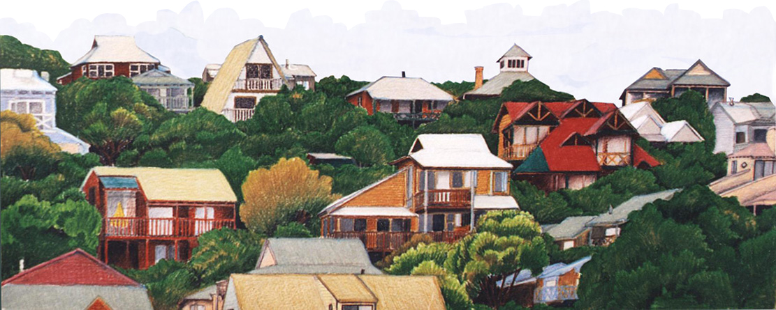 a coloured pencil drawing of houses on the hill in Yallingup Western Australia